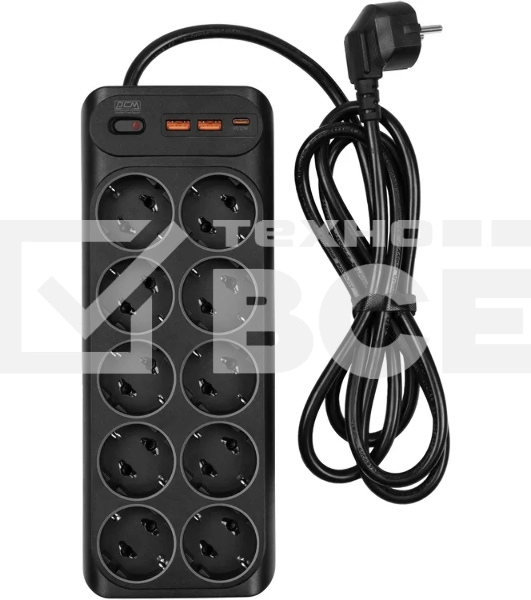 Сетевой фильтр Powercom SP-10 USB2A1СB 3,0 м 3.0м (10 розеток) черный, коробка