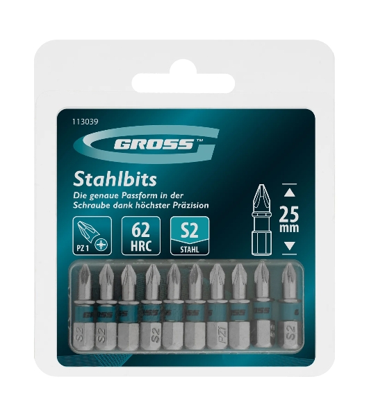 Бита Gross PZ1х25мм, сталь S2, шестигр., 10 шт.