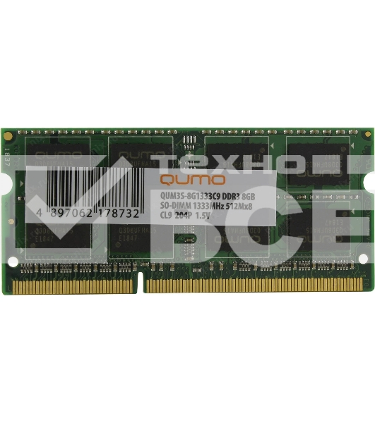 Оперативная память QUMO, DDR3, 8GB (1x8GB), 1333MHz, CL9, SO-DIMM