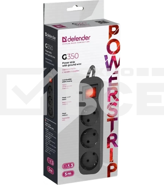 Удлинитель Defender G350 черный, 5 м, EURO, 3 розетки, 2200 Вт