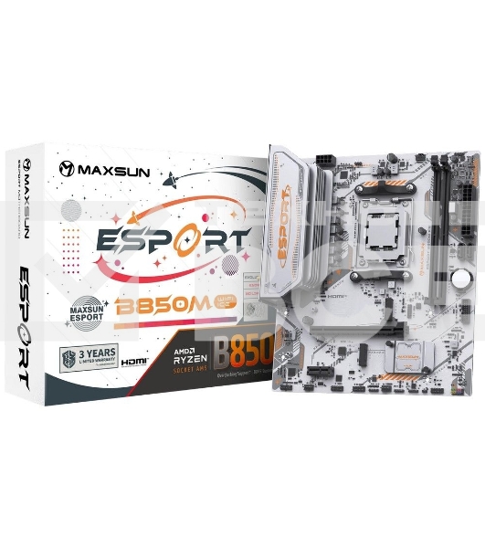 Материнская плата Maxsun MS-eSport B850M WIFI ICE, AM5, AMD B850, 2xDDR5, 2xSATA, 2xM.2, 1xPCIe 5.0 x16, 1xPCIe 3.0 x1, 1xHDMI 1.4, 1xDP, 1xRJ45, Wi-Fi 6, Bluetooth 5.2, 4xUSB-A 5Gbps, 2xUSB-A 2.0, 3x3.5 мм, 7.1, mATX
