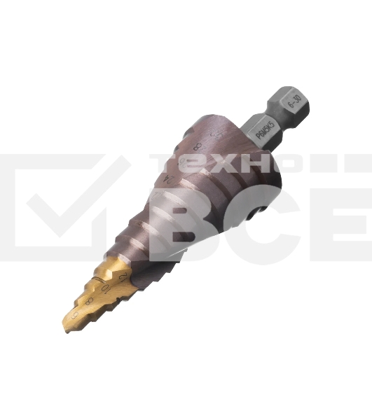 Сверло ступенчатое Denzel 6-8-10-12-14-16-18-20-22-24-26-28-30 мм, Р6М5К5, 6-гр. хвостовик 723614