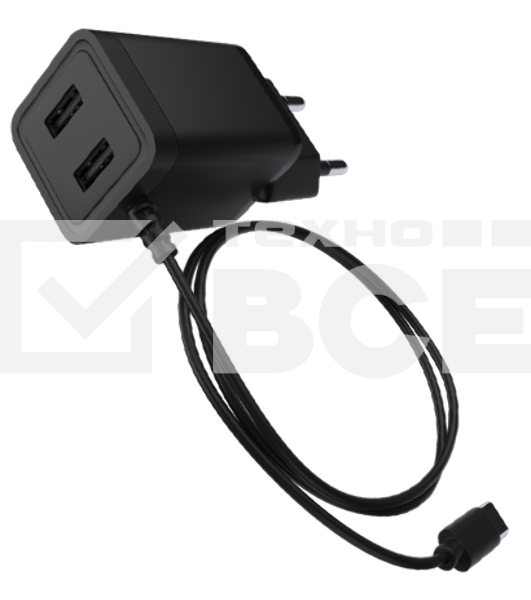 Сетевое зарядное устройство Maxvi A202T 2хUSB 2А 10W + литой кабель Type-C 1.2м, черный