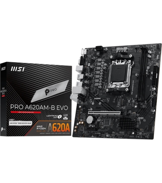 Материнская плата MSI PRO A620M-B EVO, AM5, AMD A620A, 2xDDR5, 2xSATA, 1xM.2, 1xPCIe 4.0 x16, 1xPCIe x1, 1xVGA, 1xHDMI, 1x2.5Gb LAN, 4xUSB-A 5Gbps, 2xUSB-A 2.0, 2xPS/2, 3x3.5 мм, 7.1, чёрный, mATX