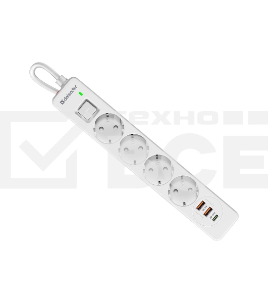 Удлинитель с сетевым фильтром Defender DFS 141, белый, 4розетки, USB+TypeC, 1.5 м.