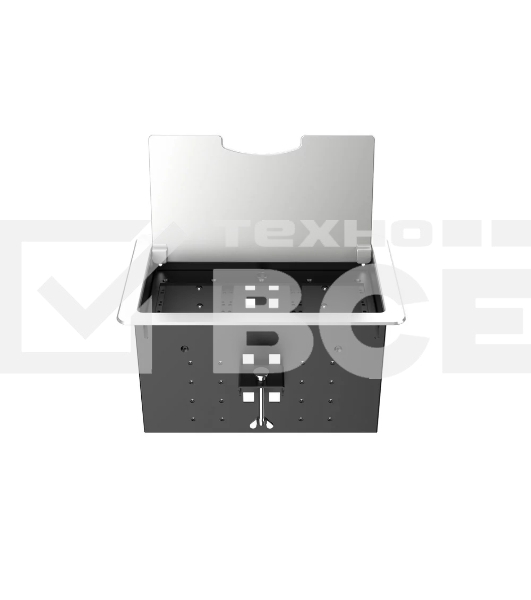 Прямоугольный металлический корпус Wize Pro [WRTS-12BOX-S] для модульной системы врезного лючка в стол с откидывающейся крышкой, до12 модулей-вставок, беспроводная зарядка 10Вт для моб.устройств на крышке, преустановленная рамка,серебр.