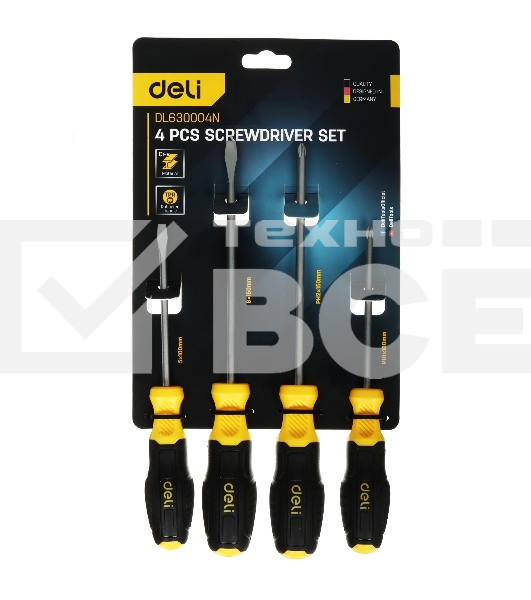 Набор отверток Deli DL630004N 4шт SL5x100 + SL6x150 + PH1x100 + PH2x150 сталь Cr-V, двухкомпонентная прорезиненная рукоять