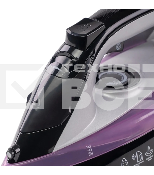 Утюг Galaxy Line GL 6128, фиолетовый с черным, паровой, 2200 Вт, постоянный пар 30 г/мин, паровой удар 140 г/мин, функции: самоочистка, антикапля, антинакипь, функция увлажнения, вертикальное отпаривание, защита от перегрева, индикатор нагрева, керамическое покрытие подошвы, резервуар для воды 170 мл