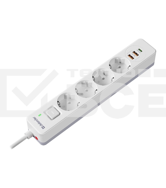 Удлинитель с сетевым фильтром Defender DFS 141, белый, 4розетки, USB+TypeC, 1.5 м.