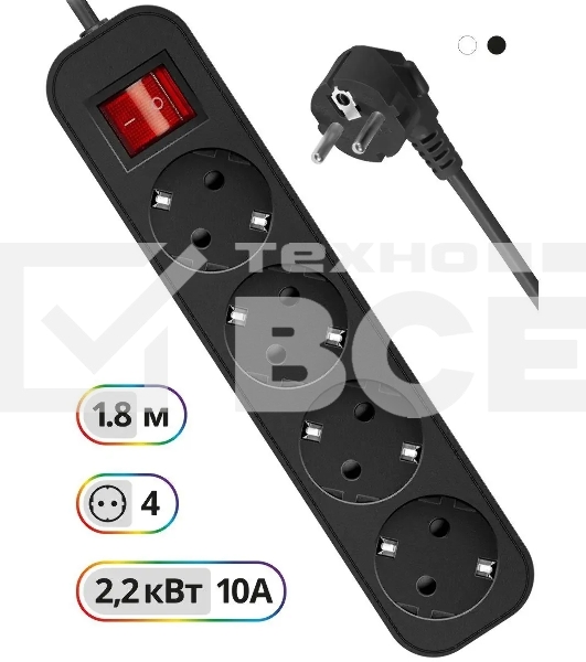 Удлинитель Defender G418 чёрный, 1.8 м, EURO, 4 розетки, 2200 Вт