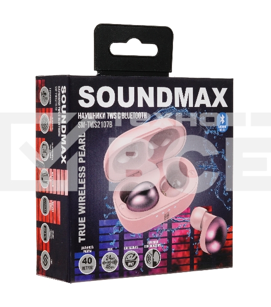 Наушники TWS Soundmax SM-TWS2107B розовый, внутриканальные, Bluetooth 5.0, сенсорное управление, до 4 ч