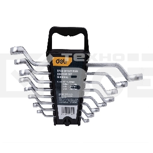 Набор накидных изогнутых гаечных ключей 8 шт Deli DL150008A Спецификация: 6x7мм, 8x9мм, 10x11мм, 12x13мм, 14x15мм, 16x17мм, 18x19мм, 20x22мм. Матовая хромированная поверхность. Пластиковая упаковка.