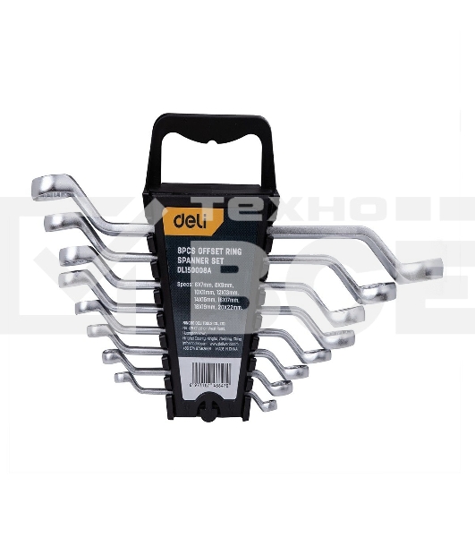 Набор накидных изогнутых гаечных ключей 8 шт Deli DL150008A Спецификация: 6x7мм, 8x9мм, 10x11мм, 12x13мм, 14x15мм, 16x17мм, 18x19мм, 20x22мм. Матовая хромированная поверхность. Пластиковая упаковка.