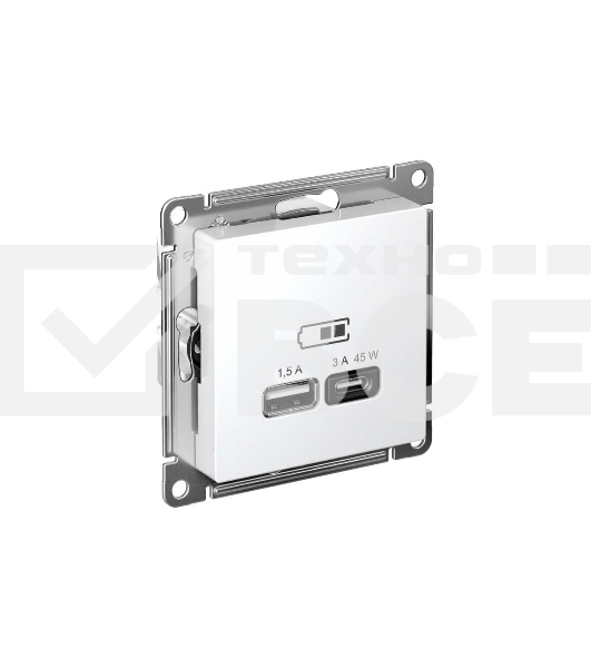 Розетка USB AtlasDesign тип A+C 45Вт QC PD высокоскор. ЗУ механизм бел. SE ATN000129