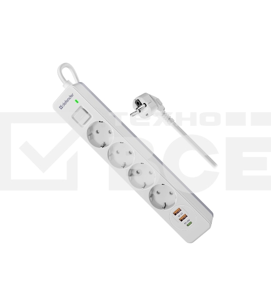 Удлинитель с сетевым фильтром Defender DFS 141, белый, 4розетки, USB+TypeC, 1.5 м.