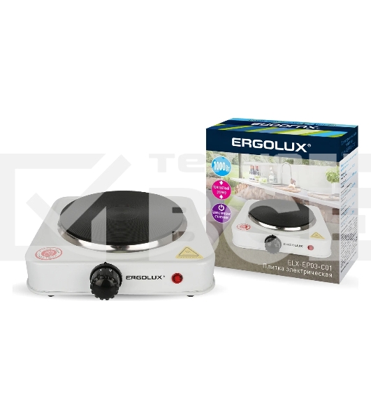 Электрическая плитка Ergolux ELX-EP03-C01 1 конф., дисковый нагр. эл., 1000 Вт 220-240В белый