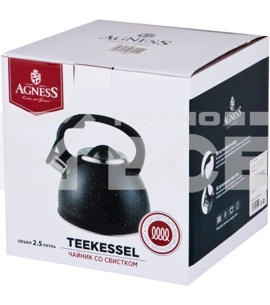 Чайник для плиты Agness 907-045 черный МРАМОР нерж. 2,5 л