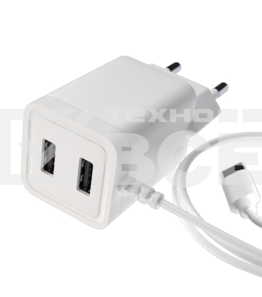 Сетевое зарядное устройство Maxvi A202T 2хUSB 2А 10W + литой кабель Type-C 1.2м, белый