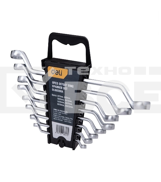 Набор накидных изогнутых гаечных ключей 8 шт Deli DL150008A Спецификация: 6x7мм, 8x9мм, 10x11мм, 12x13мм, 14x15мм, 16x17мм, 18x19мм, 20x22мм. Матовая хромированная поверхность. Пластиковая упаковка.