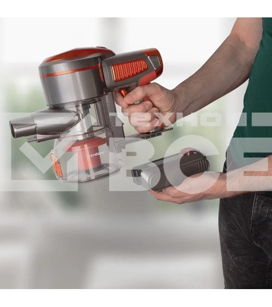 Пылесос вертикальный Endever SkyClean VC-301 черный/оранжевый, питание от аккумулятора, 75 Вт, уборка сухая, пылесборник 0,8 л