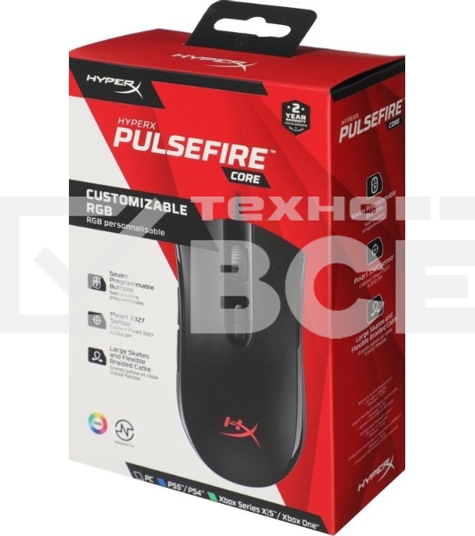 Мышь проводная HyperX Pulsfire Core черный, 6200 dpi, USB, кнопки - 7