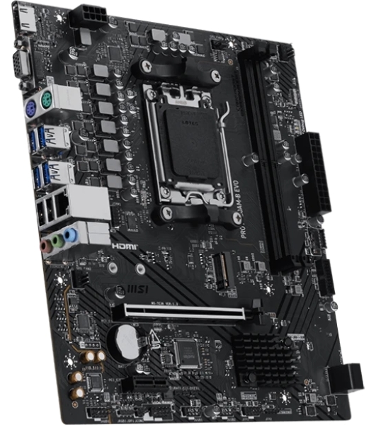 Материнская плата MSI PRO A620M-B EVO, AM5, AMD A620A, 2xDDR5, 2xSATA, 1xM.2, 1xPCIe 4.0 x16, 1xPCIe x1, 1xVGA, 1xHDMI, 1x2.5Gb LAN, 4xUSB-A 5Gbps, 2xUSB-A 2.0, 2xPS/2, 3x3.5 мм, 7.1, чёрный, mATX