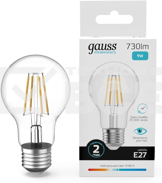 Лампа филам. Gauss Filament 9Вт цок.:E27 груша св.свеч.бел.нейт. (упак.:10шт) (22229)