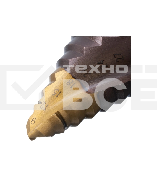 Сверло ступенчатое Denzel 9-12-15-18-21-24-27-30-33-36 мм, Р6М5К5, 6-гр. хвостовик 723615