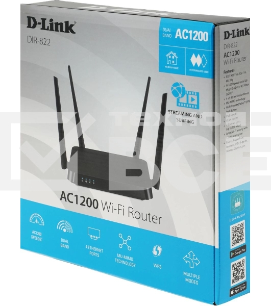 Роутер D-Link DIR-822/RU/E1A, Wireless AC1200 Dual-Band Router with 1 10/100Base-TX WAN port and 4 10/100Base-TX LAN ports.802.11b/g/n compatible, 802.11AC up to 866Mbps,1 10/100Base-TX WAN port, 4 10/100B