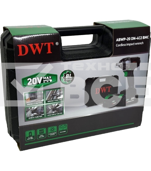 Гайковерт ударный аккумуляторный DWT ABWP-20 DN-4C2 BMC /20В/350 Нм/2400 об.в мин/3000 уд.в мин/M12-M22/бесщеточный мотор/LED-подсветка/2 АКБ, 4 А·ч/ЗУ/кейс/черный (ABWP-20 DN-4C2 BMC)