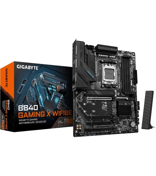 Материнская плата Gigabyte B840 GAMING X WIFI6E, AM5, AMD B840, 4xDDR5, 4xSATA, 3xM.2, 1xPCIe 4.0 x16, 3xPCIe 3.0 x16, 1xHDMI, 1xDP, 1x2.5Gb LAN, Wi-Fi 6E, Bluetooth 5.3, 1xUSB-C 10Gbps, 1xUSB-A 10Gbps, 2xUSB-A 5Gbps, 4xUSB-A 2.0, 3x3.5 мм, 7.1, ATX