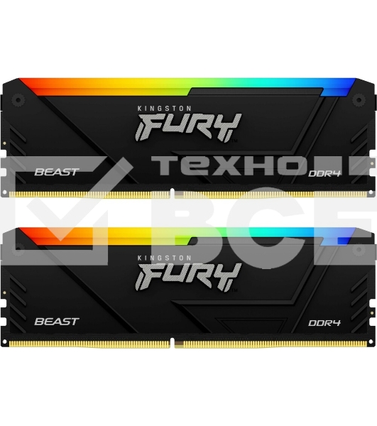 Оперативная память Kingston Fury Beast, DDR4, 32GB (2x16GB), 3600MHz, CL18, с радиатором, RGB, черный