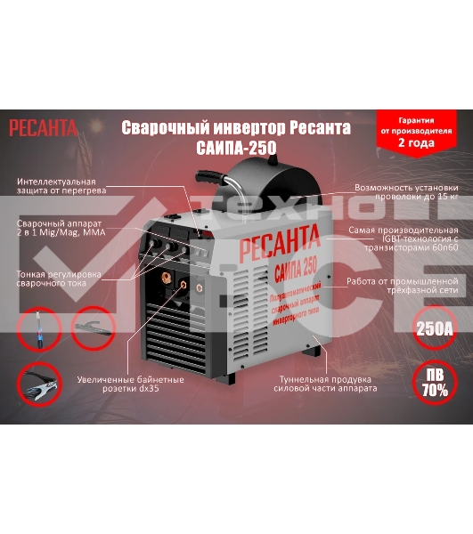 Сварочный аппарат Ресанта САИПА-250 инвертор ММА DC/MIG-MAG/FCAW 11.5кВт