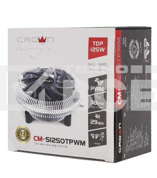 Кулер для процессора Crown CM-S1250TPWM v2 серебристый/черный, 95 мм, алюминий, 2000 об/мин, 28.7 дБ, 4 pin, 125 Вт, 53 мм