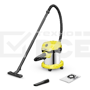 Строительный пылесос Karcher WD 2 Plus S V-15/4/18 желтый, 1000 Вт, уборка сухая/сбор воды, пылесборник мешок/контейнер, 15 л
