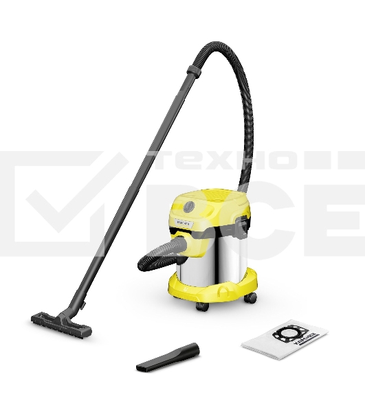 Строительный пылесос Karcher WD 2 Plus S V-15/4/18 желтый, 1000 Вт, уборка сухая/сбор воды, пылесборник мешок/контейнер, 15 л