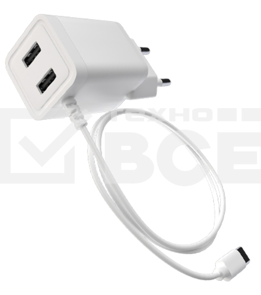Сетевое зарядное устройство Maxvi A202T 2хUSB 2А 10W + литой кабель Type-C 1.2м, белый