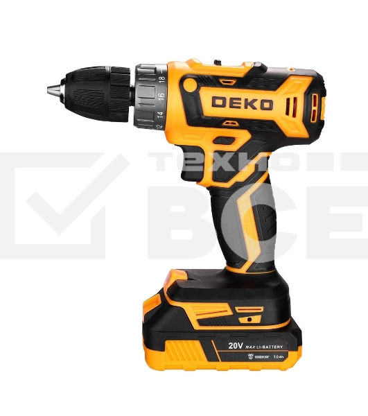 Дрель-шуруповерт аккумуляторная Deko GCD20DU PRO, 20В, 2 АКБ, Кейс + набор 63 инструмента для дома