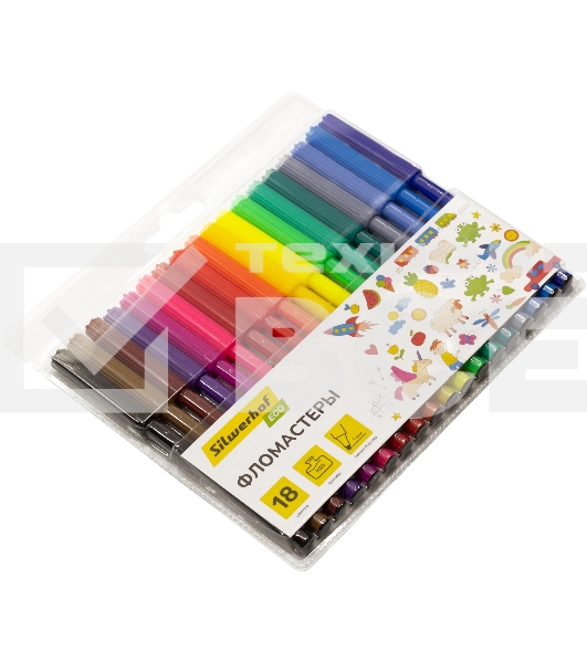 Фломастеры Silwerhof Eco 7.2мм 125мм, круглый корпус, вентилируемый колпачок, 18 цветов, пакет с европодвесом