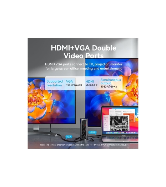 Док-станция Vention TPJH0-EU, USB Type-C, HDMI/VGA/USB/RJ45/SD/3.5мм/PD/DC, USB Type-C