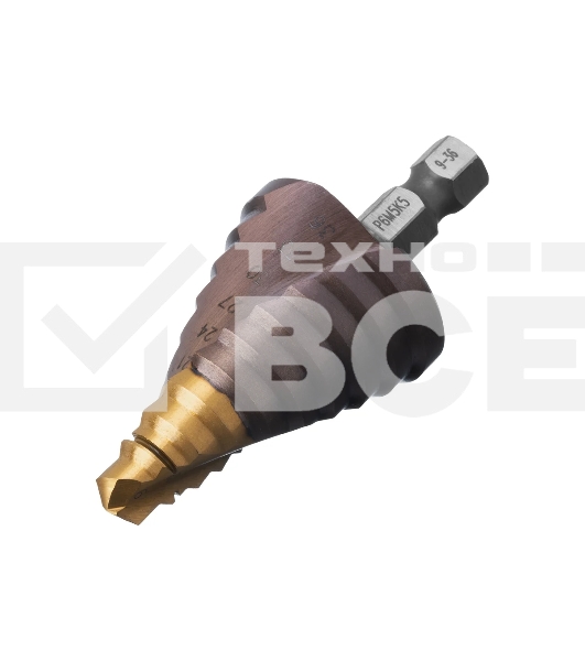 Сверло ступенчатое Denzel 9-12-15-18-21-24-27-30-33-36 мм, Р6М5К5, 6-гр. хвостовик 723615