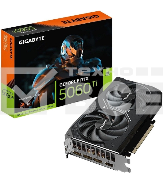 Видеокарта Gigabyte GeForce RTX 5060 Ti Windforce Max OC, NVIDIA RTX 5060 Ti, 8 ГБ GDDR7, 128 бит, PCI-e 5.0, 1xHDMI, 3xDP, 2587 МГц