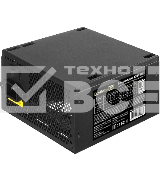 Блок питания ExeGate 400PPH-LT-OEM, 400W, 80 PLUS, (ATX, APFC, SC, КПД 82% (80 PLUS), 12cm fan, 24pin, (4+4)pin, PCI-E, 3xSATA, 3xIDE, black, кабель 220V 1,8м с защитой от выдергивания, RTL)