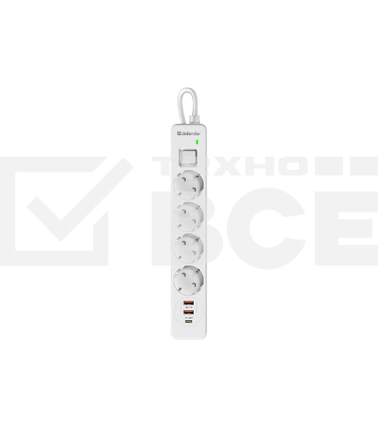 Удлинитель с сетевым фильтром Defender DFS 143, белый, 4розетки, USB+TypeC, 3 м.