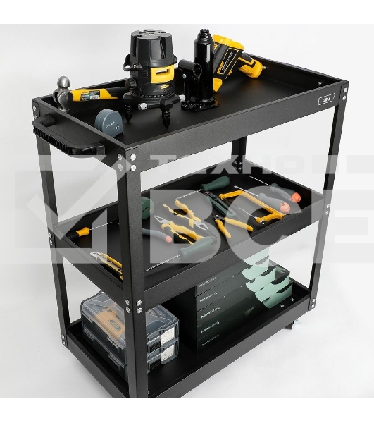 Тележка инструментальная трехсекционная на колесах Deli DL433023 700x350x760мм, до 210кг, толщина полки 0,7мм, толщина стойки 1,2мм