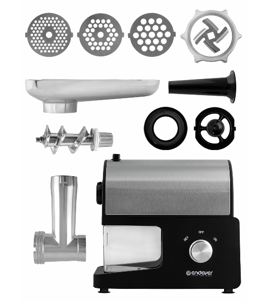 Мясорубка электрическая Endever Sigma-114 черный/стальной, 2600 Вт, 2.0 кг/мин, реверс, защита от перегрузки, металлический лоток, насадки - 5