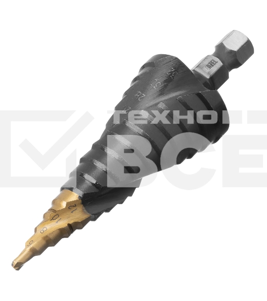 Сверло ступенчатое Denzel 4-6-8-10-12-14-16-18-20-22-24-26-28-30-32 мм, Р6М5К5, 6-гр. хвостовик 723616