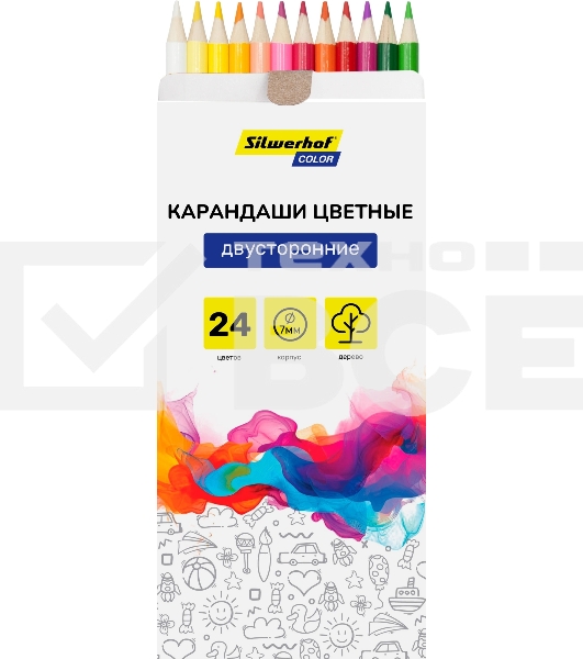 Карандаши цветные Silwerhof Color, двухцветные, 2.8мм, круглый профиль, дерево, ассорти, 24 цвета, коробка с европодвесом (12шт)