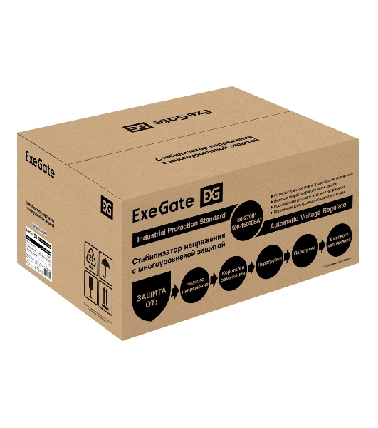 Стабилизатор напряжения ExeGate Expert Turbo AST-15000 (15000ВА, вход 80-260В, цветной дисплей, выход 220В±8%, КПД 98%, 5 уровней защиты, задержка, усиленный метал. корпус, клем.колодка, RTL)