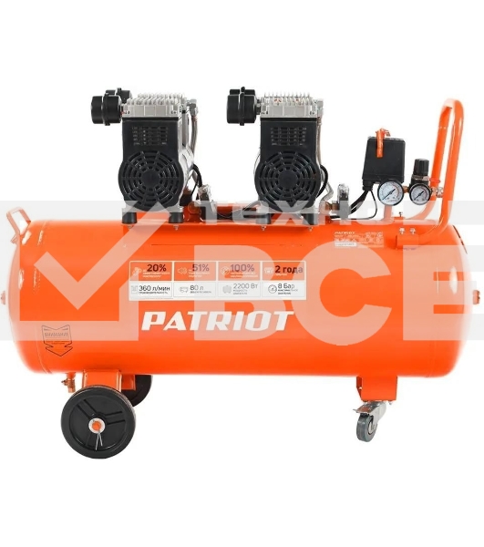 Компрессор Patriot поршневой безмасляный WO 80-360, 360 л/мин, 8 бар, 2200 Вт, 80 л, быстросъем и 